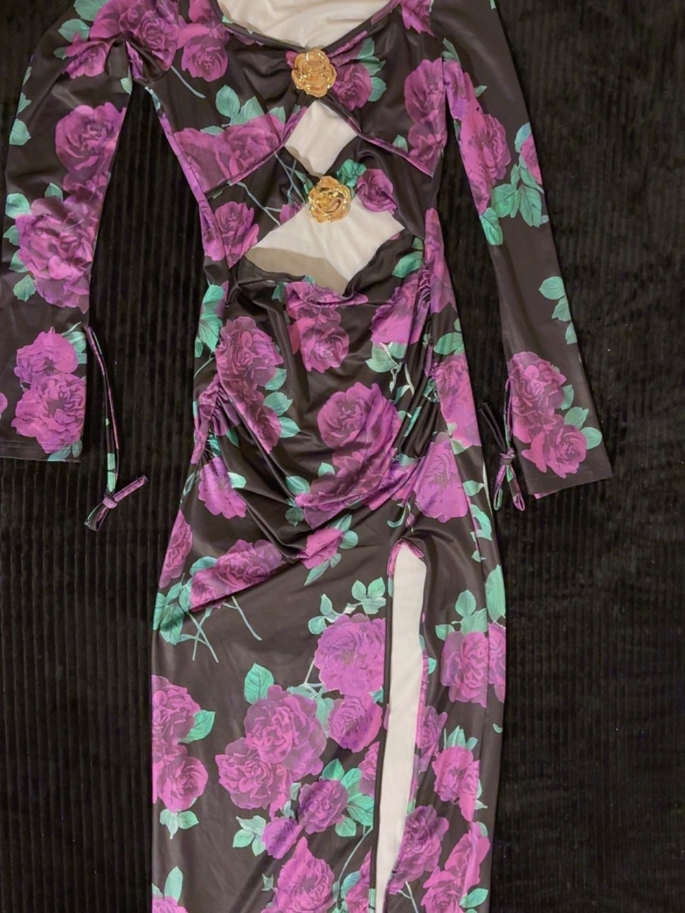 SHEIN Black Maxi Dress with Purple Rose Print and Gold Accents